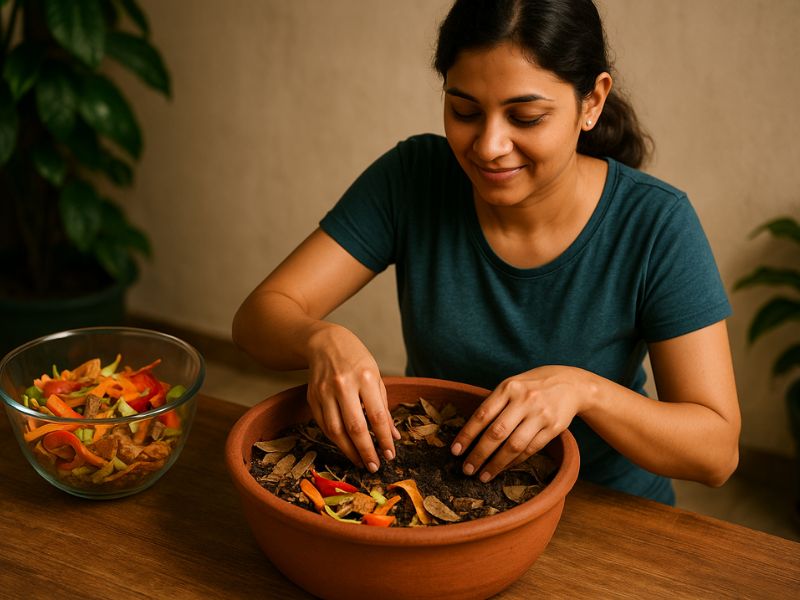ঘরে বসে জৈব সার তৈরি করছেন একজন নারী