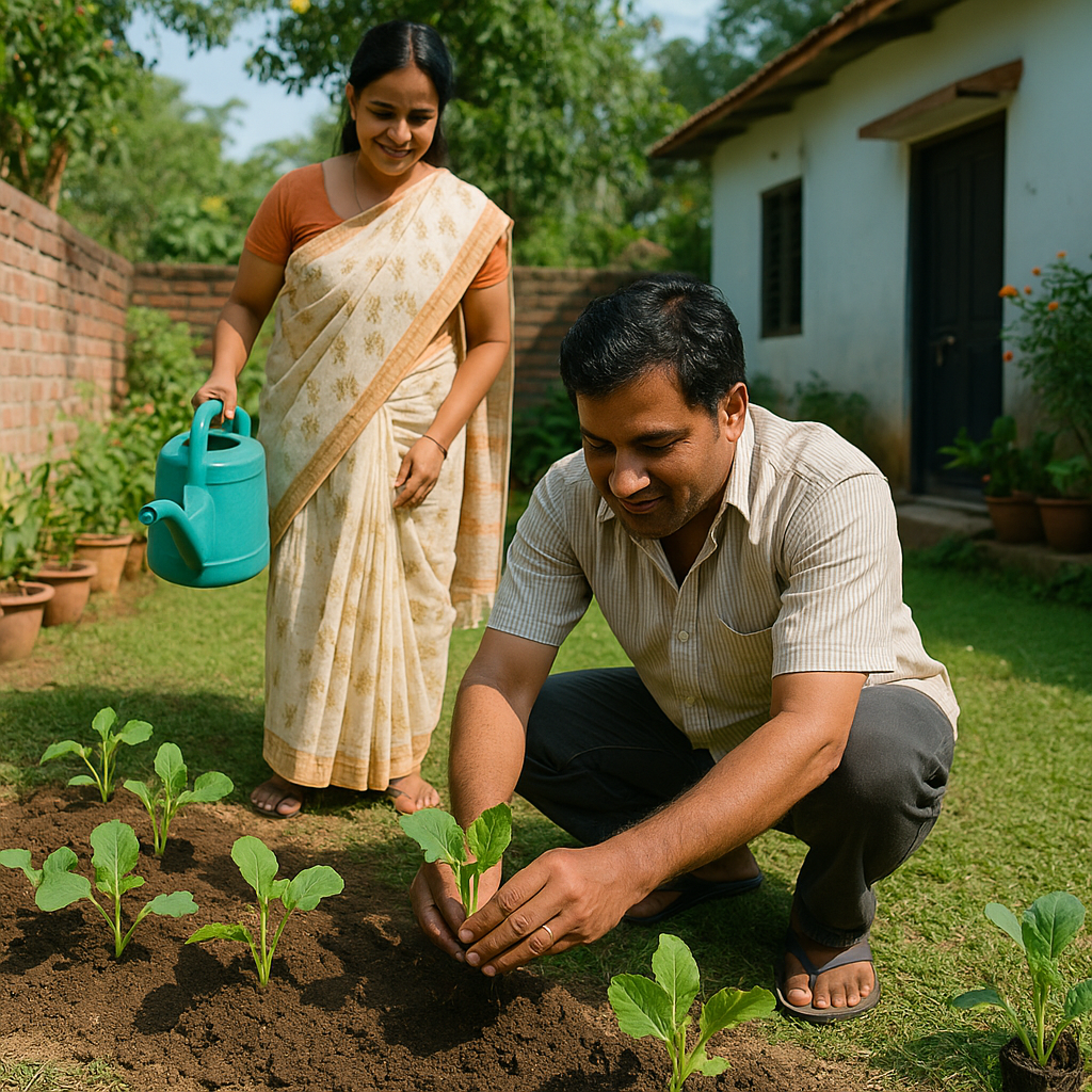 বাড়ির আঙিনায় সবজি গাছে প্রাকৃতিক কীটনাশক স্প্রে করা হচ্ছে
