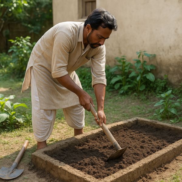 বাড়ির আঙিনায় সবজি চাষের জন্য Raised Bed তৈরি করছেন একজন ব্যক্তি