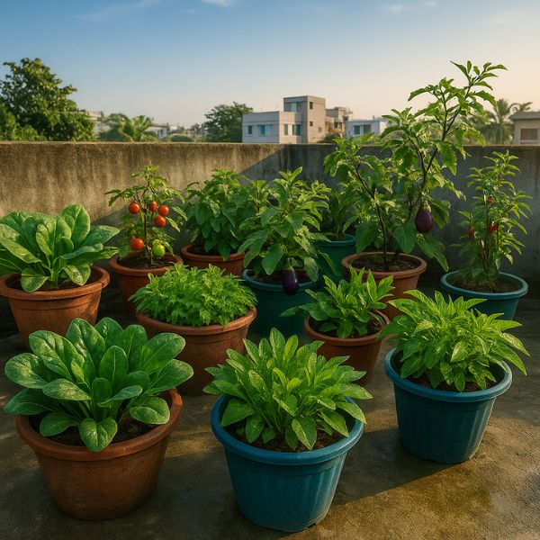 বাড়ির ছাদে টবে সবজি চাষ করছেন একজন নারী