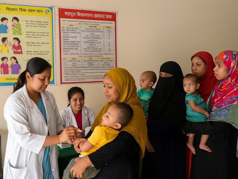 স্বাস্থ্যকেন্দ্রে শিশুর টিকা কর্মসূচির দৃশ্য